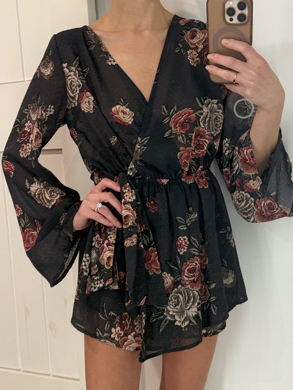 Audrey 3 + 1 Floral Wrap Romper in Black and Rose